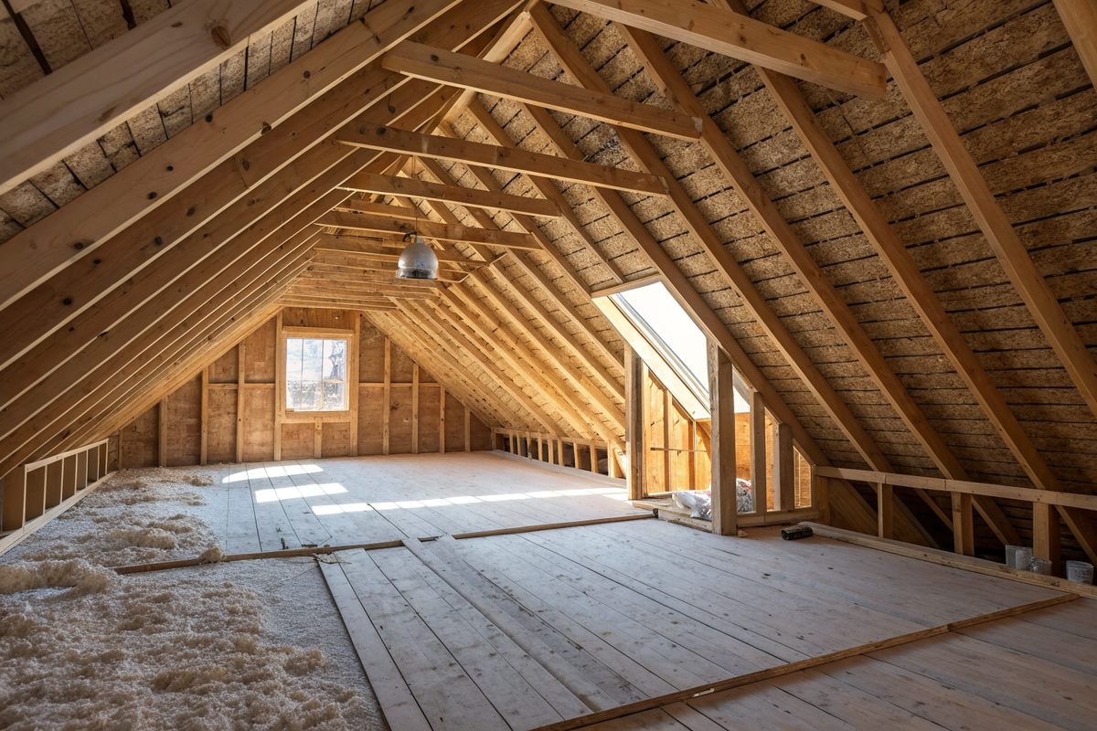 An attic with wood trusses, new roof sheathing, a skylight and blown-in insulation on the floor