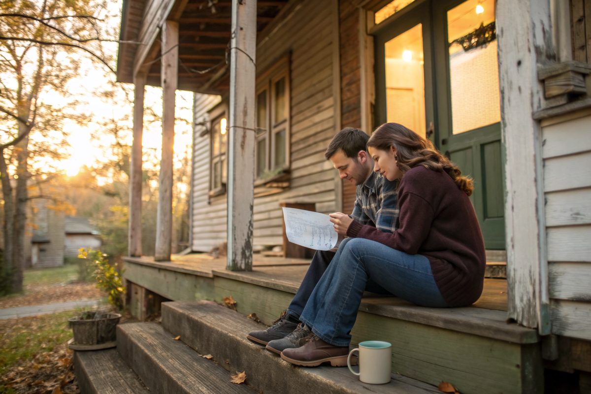 A couple sitting on the porch steps of an older wooden house, reading a printed estimate with a coffee mug beside them