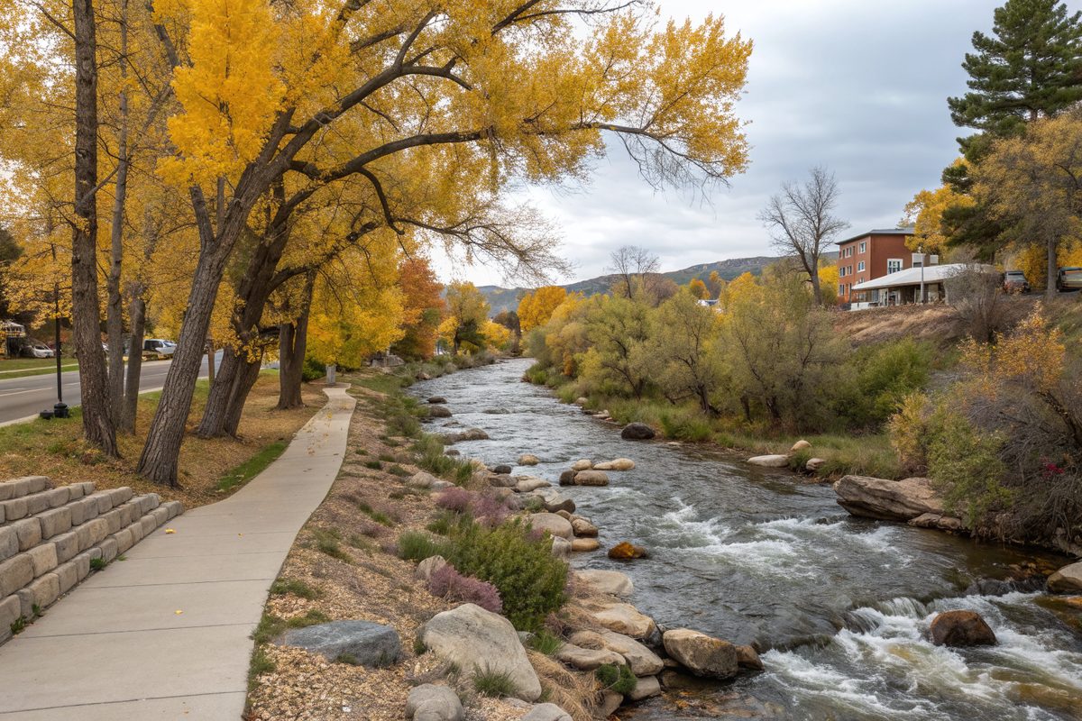 A rocky creek under golden cottonwoods beside a paved path at the edge of town in autumn