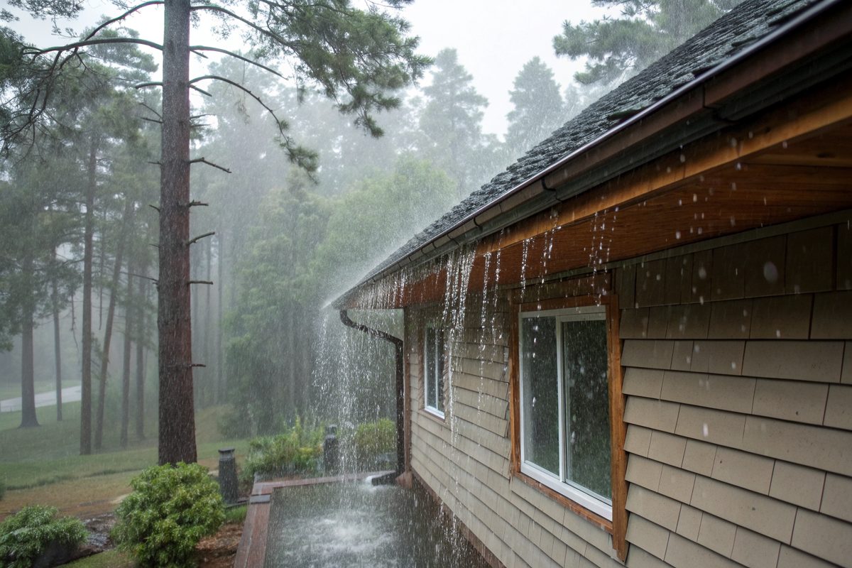 Rain pouring off the roof edge and overflowing a gutter on a wood-sided house among pines