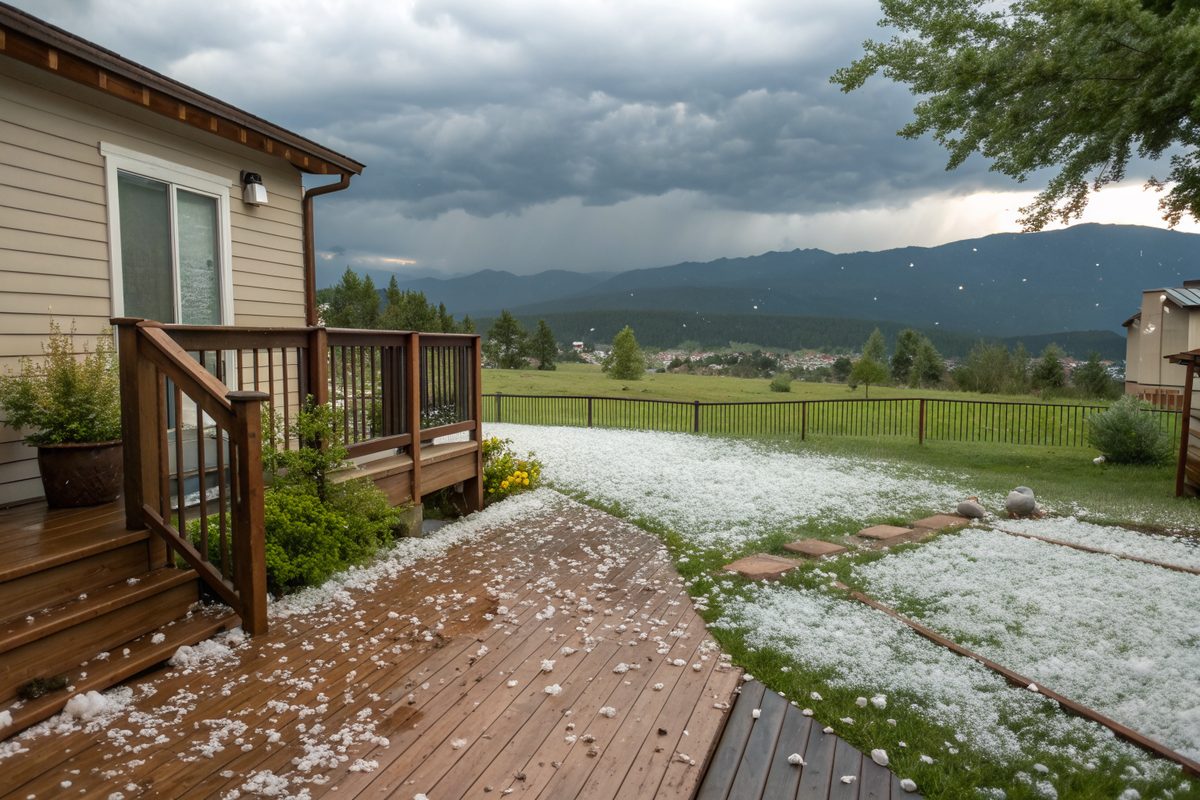 Hailstones covering a wooden deck and lawn behind a house, with storm clouds over the foothills