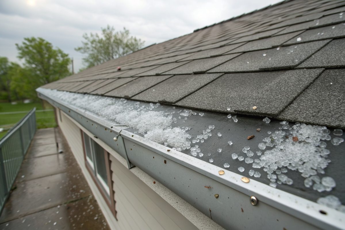 Gray shingles and a gutter full of small hailstones right after a storm
