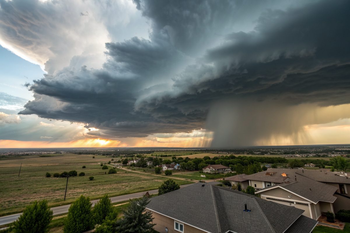 A dark thunderstorm with a hail shaft over the plains, beyond a neighborhood of rooftops