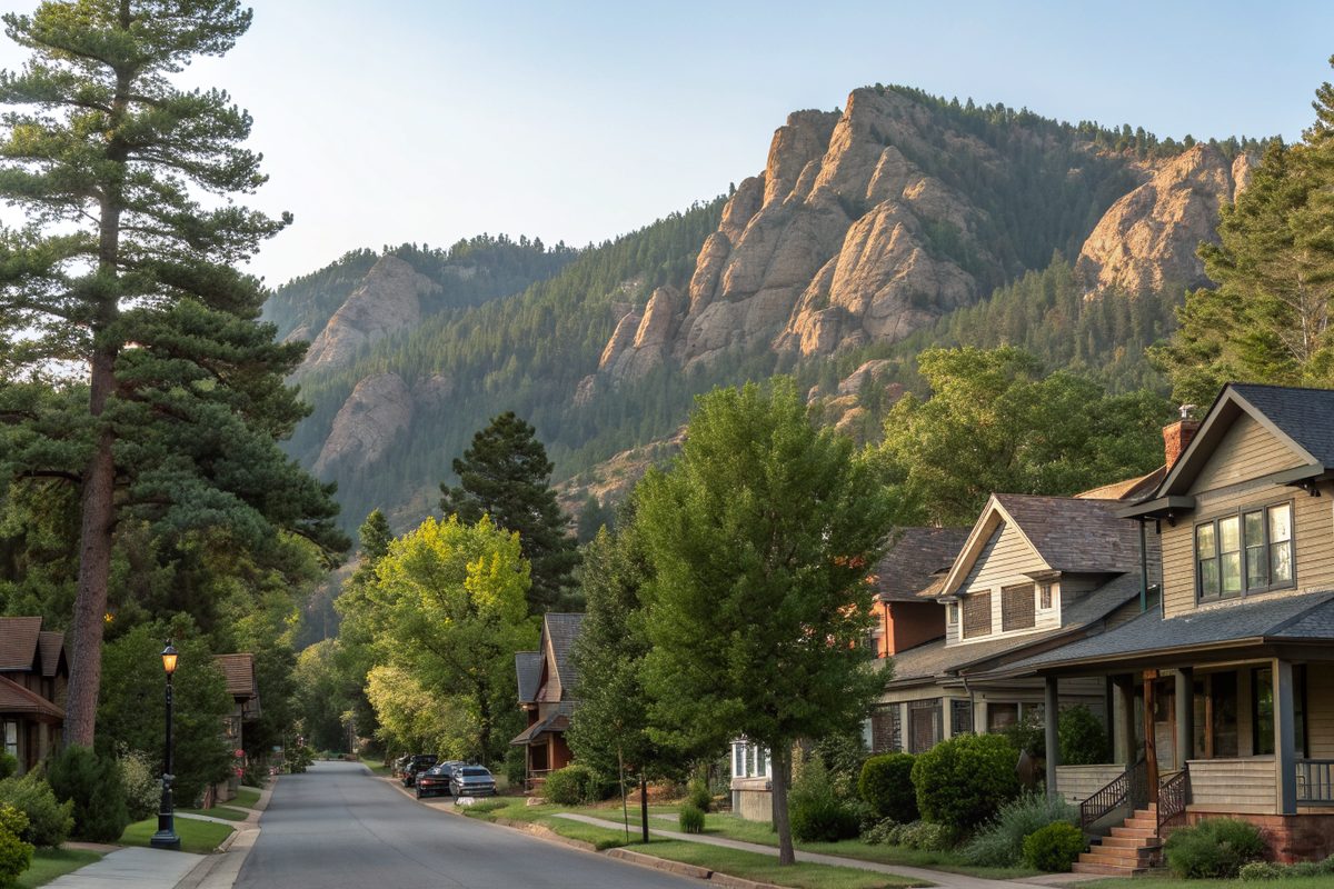 A quiet street of older two-story homes with porches under pines, with tilted rock formations on the mountainside behind