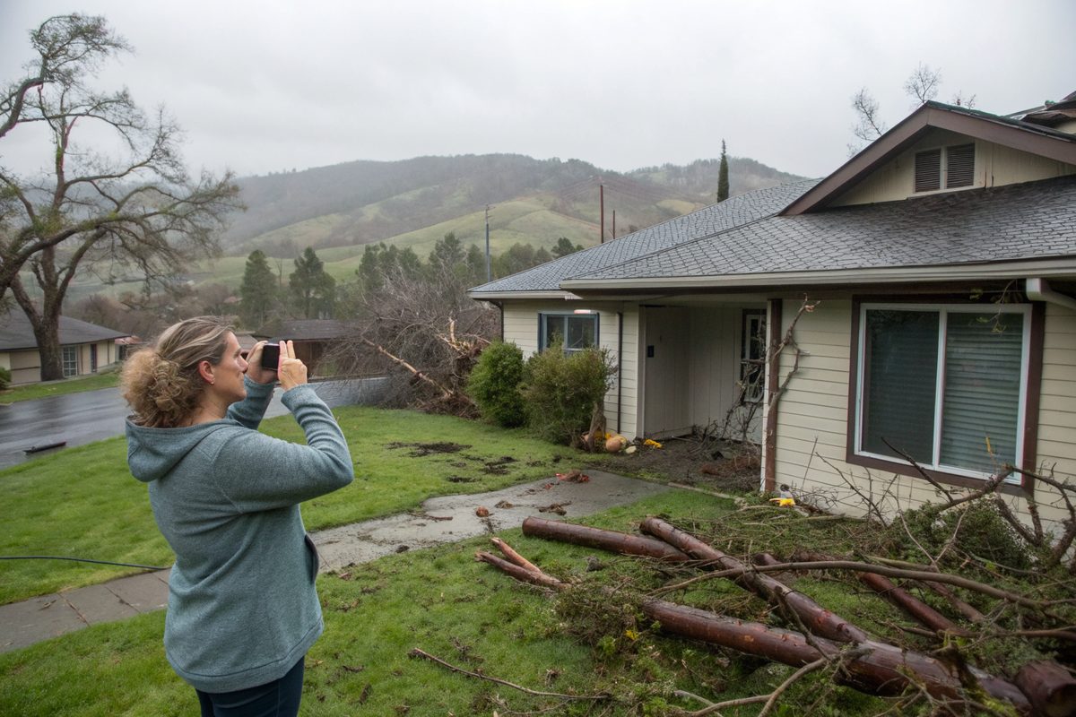 A woman photographing her house roof with a phone, with broken branches across the lawn after a windstorm