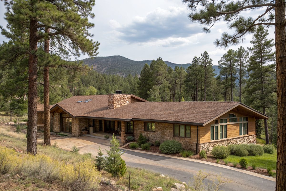 A long one-story stone and wood ranch house with a brown shingle roof among ponderosa pines
