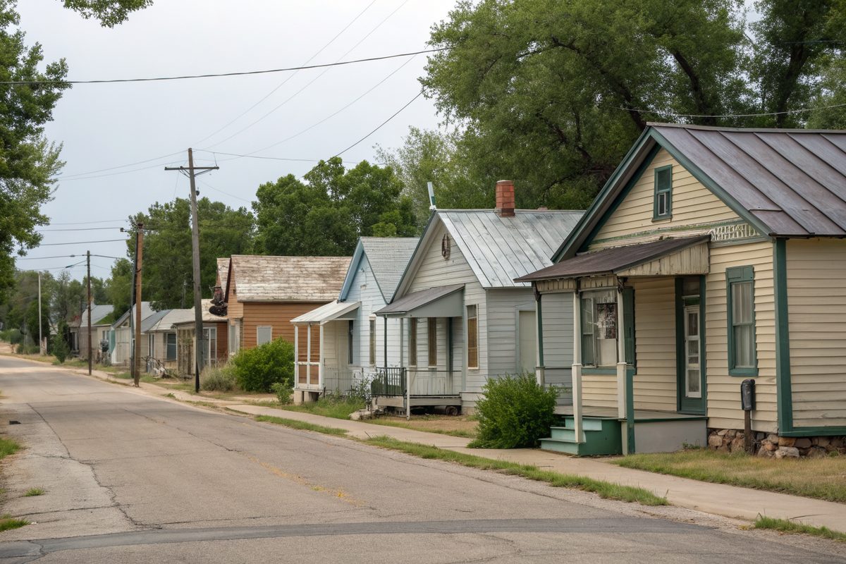 Small painted cottages with metal and shingle roofs along a quiet old-town street