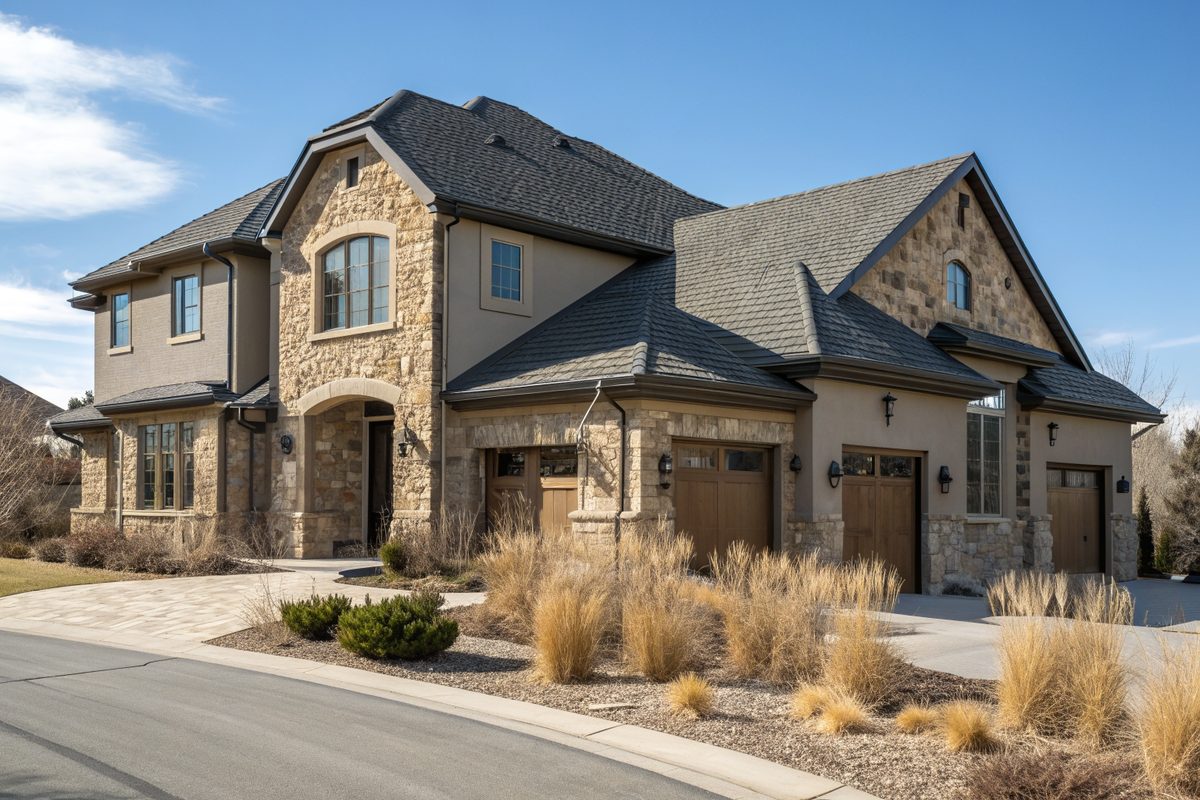 A two-story stucco and stone home with a dark gray shingle roof and dry grass landscaping