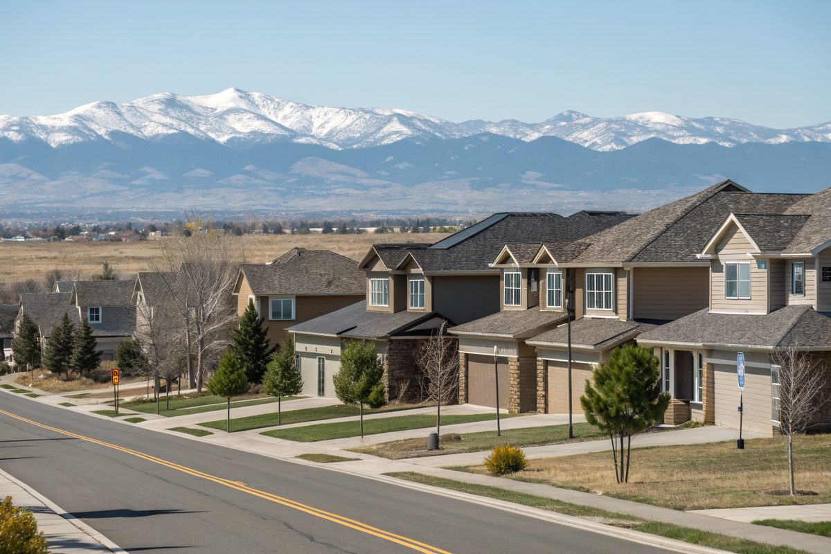 A newer street of two-story homes with gray shingle roofs, with snowy mountains on the horizon