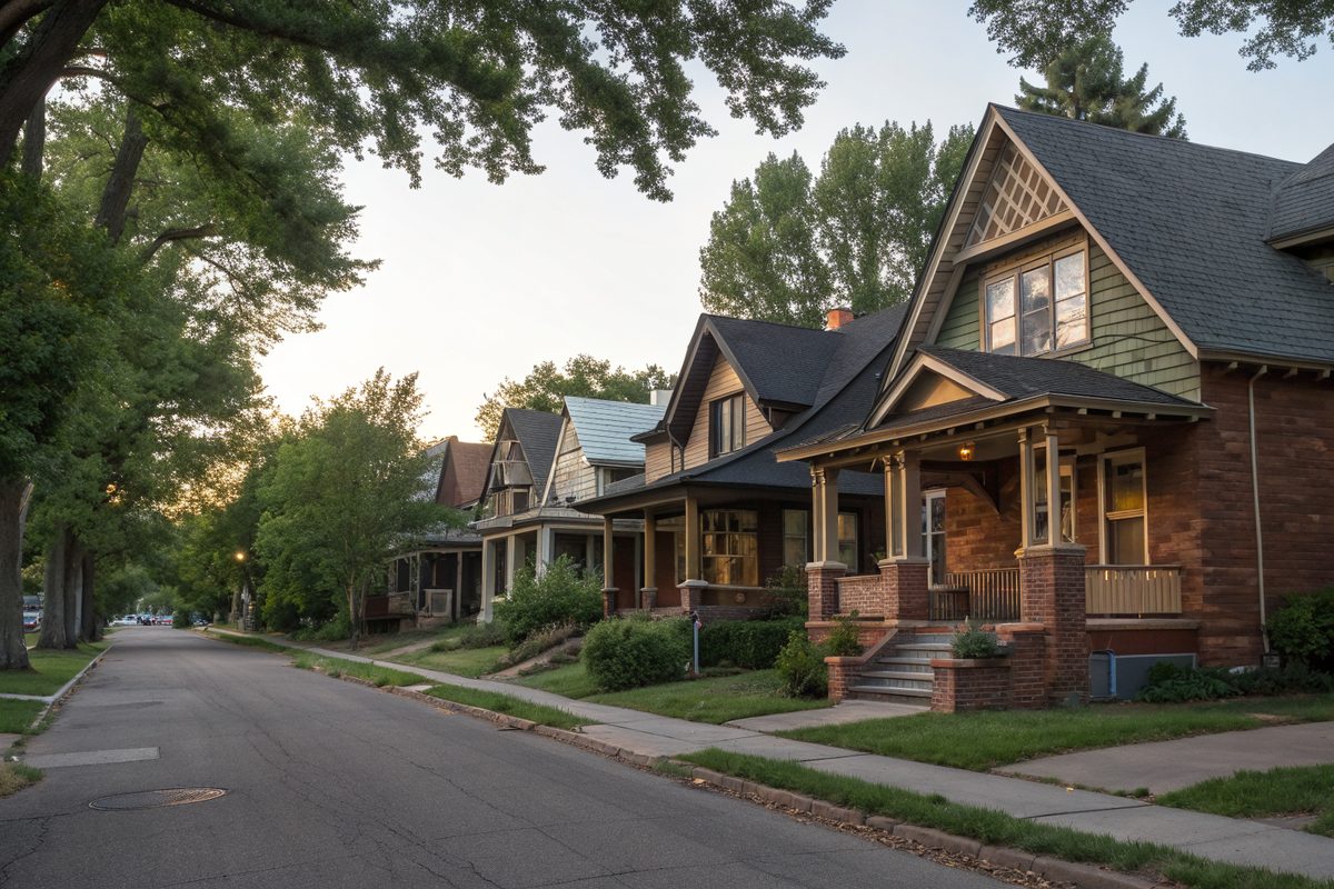 A leafy street of older brick and wood bungalows with porches and steep gabled roofs