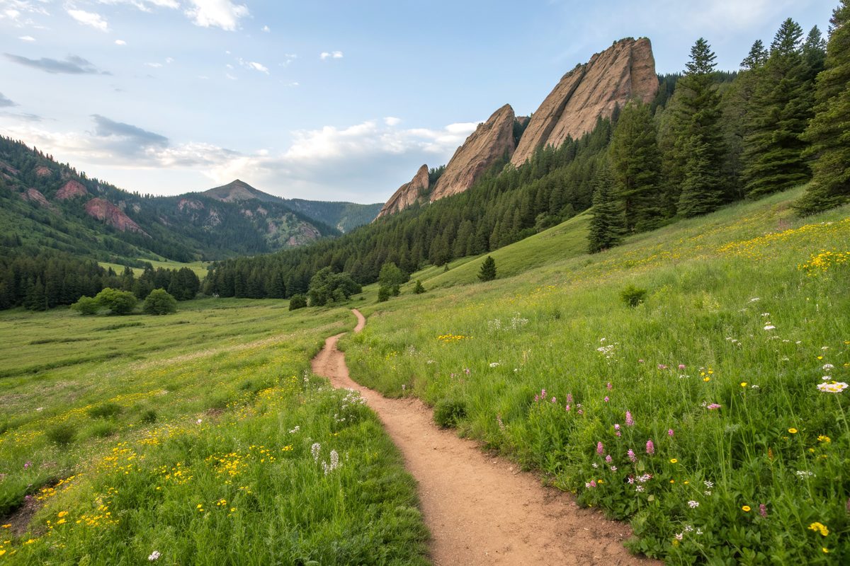A dirt trail through a wildflower meadow toward steep forested foothills and tilted rock slabs