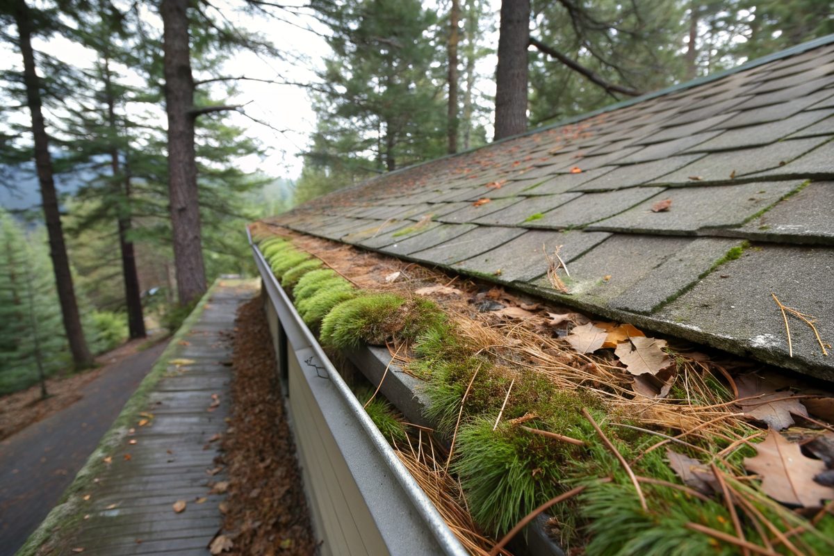 A gutter packed with pine needles and leaves beside mossy older shingles under tall pines