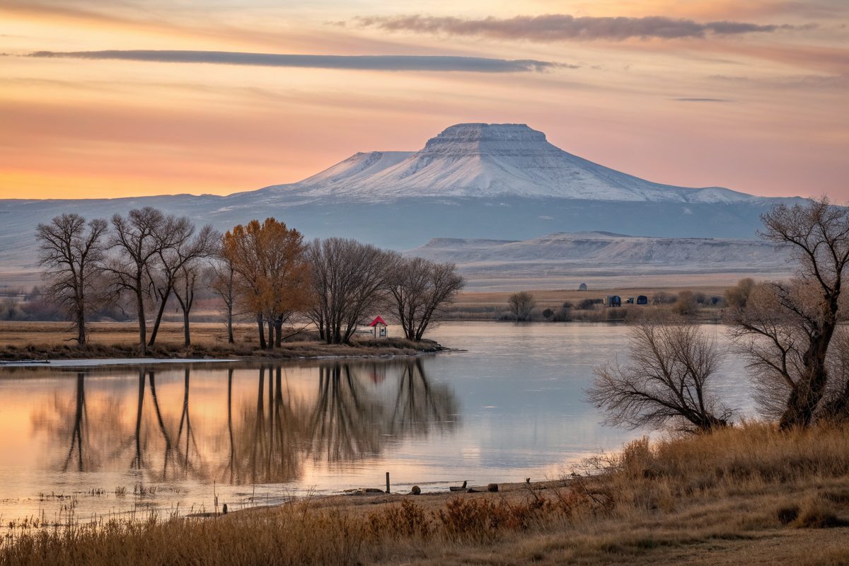 A calm reservoir at sunrise with bare cottonwoods on the shore and a snowy flat-topped peak beyond
