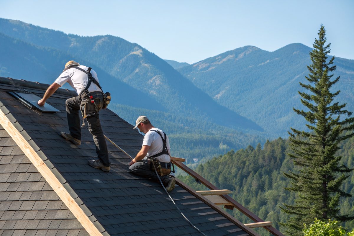 Two roofers in harnesses laying new dark shingles on a steep roof with forested mountains behind