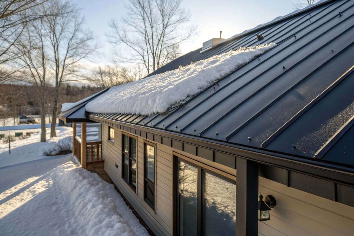 A dark standing-seam metal roof holding a layer of snow above a covered entry
