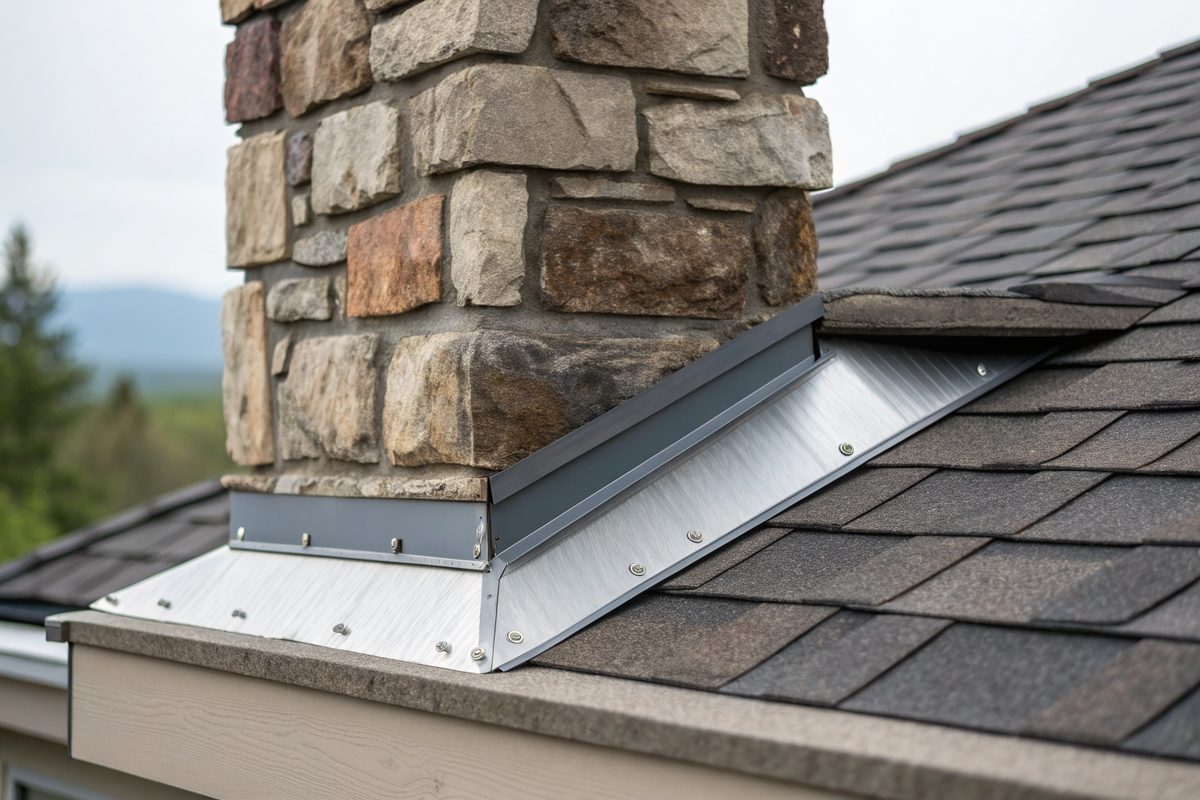 New metal flashing where a dark shingle roof meets a stone chimney