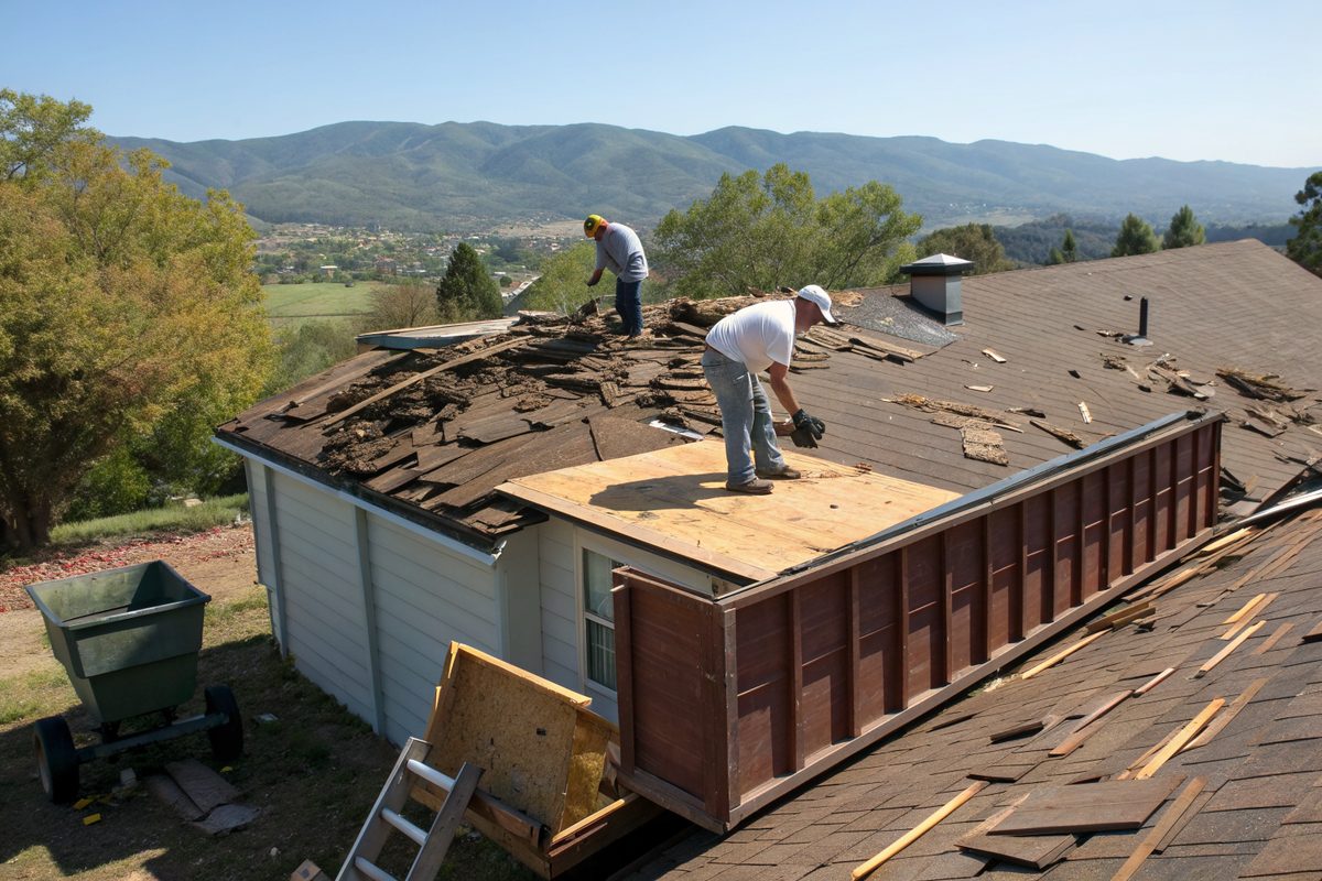 Roofers stripping old brown shingles down to the wood decking, with the foothills in the distance