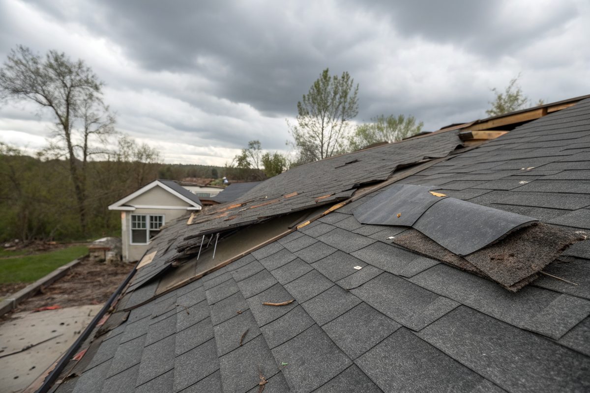 Creased, lifted and torn shingles on a roof after a windstorm, under a gray sky