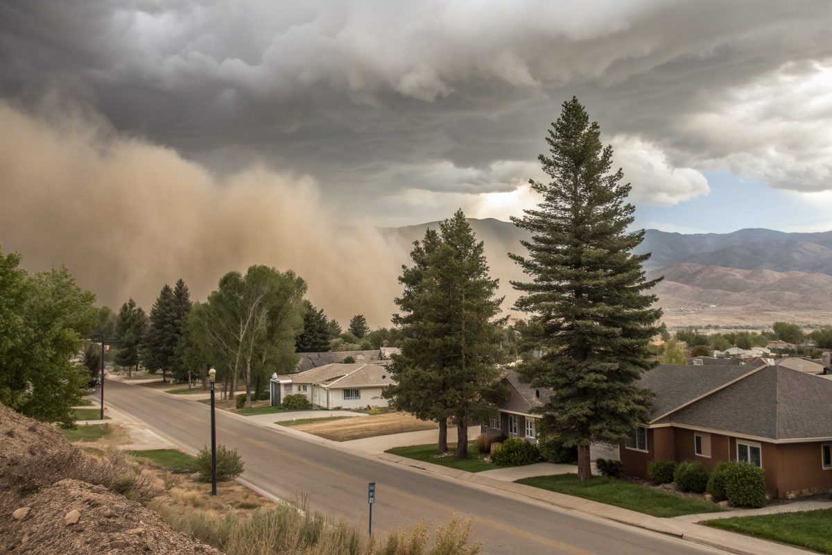 A wall of blowing dust and dark storm clouds moving over a street of homes below the mountains